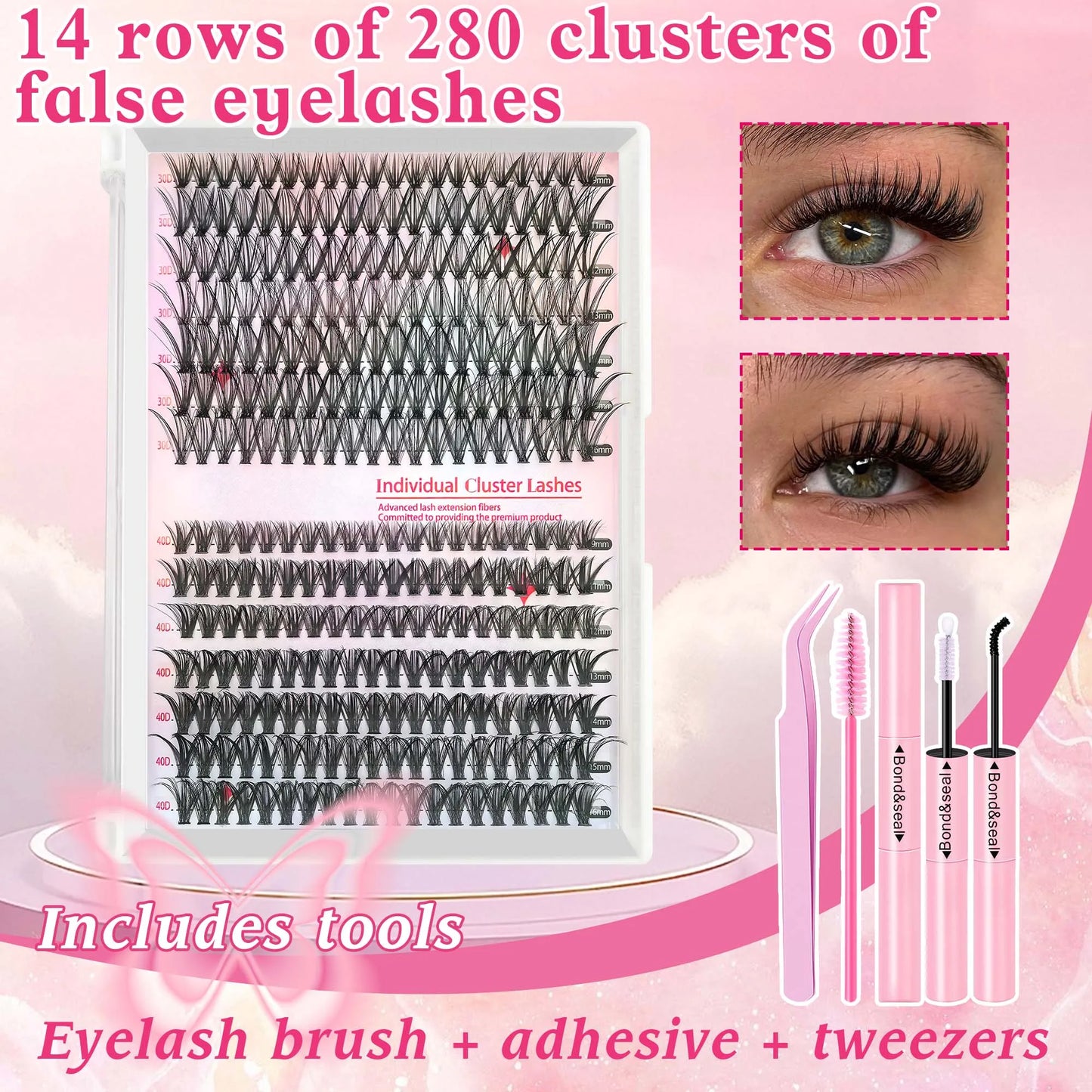 800PCS 30406080D Clusters Lashes Extension Kit, Length 9-16mm Natural Eyelashes,Cat eye,Bond and Seal,Tweezers,Brush,DIY At Home