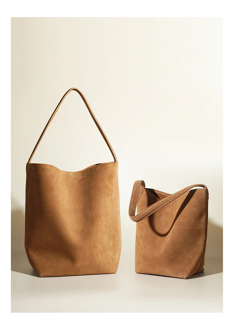 Matte Cowhide Leather Vintage Bucket Bag Large Capacity Tote Shoulder Bag For Women Commuter Elegant Textured Suede Purse Women'