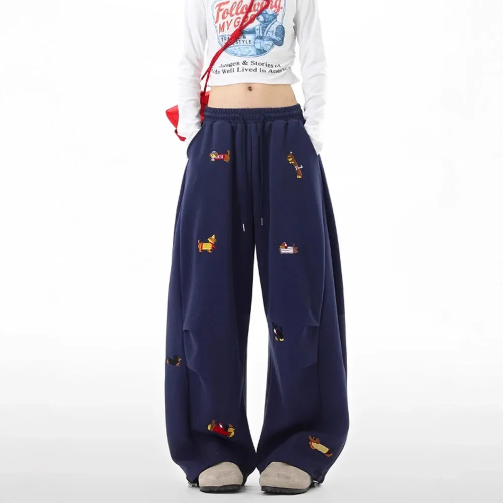 Funny Dachshund Embroidery Sweatpants Loose Cargo Joggers Wide Leg Couple Autumn Casual Fashion Pants Trousers Y2K clothing