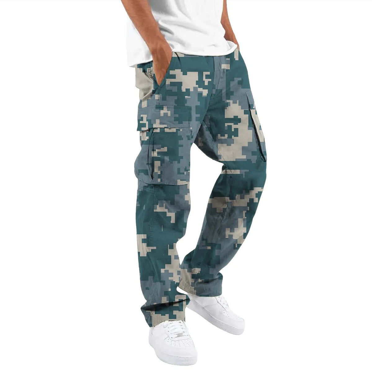 Men Camo Cargo Pants Multiple Colors Solid Drawstring Waist Loose Straight Multi Pocket Casual Streetwear Work Long Trousers