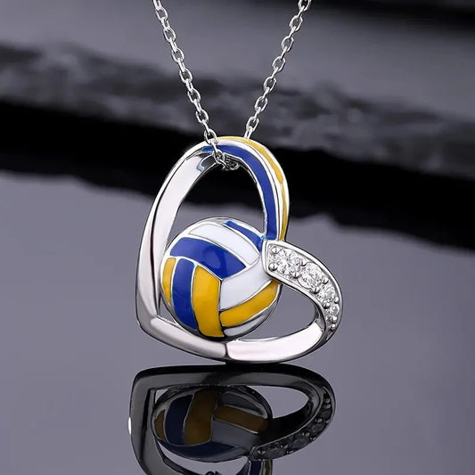 Huitan Trendy Volleyball Heart Pendant Necklace Delicate Accessories with Shiny Zirconia Fashion Female Daily Party Jewelry