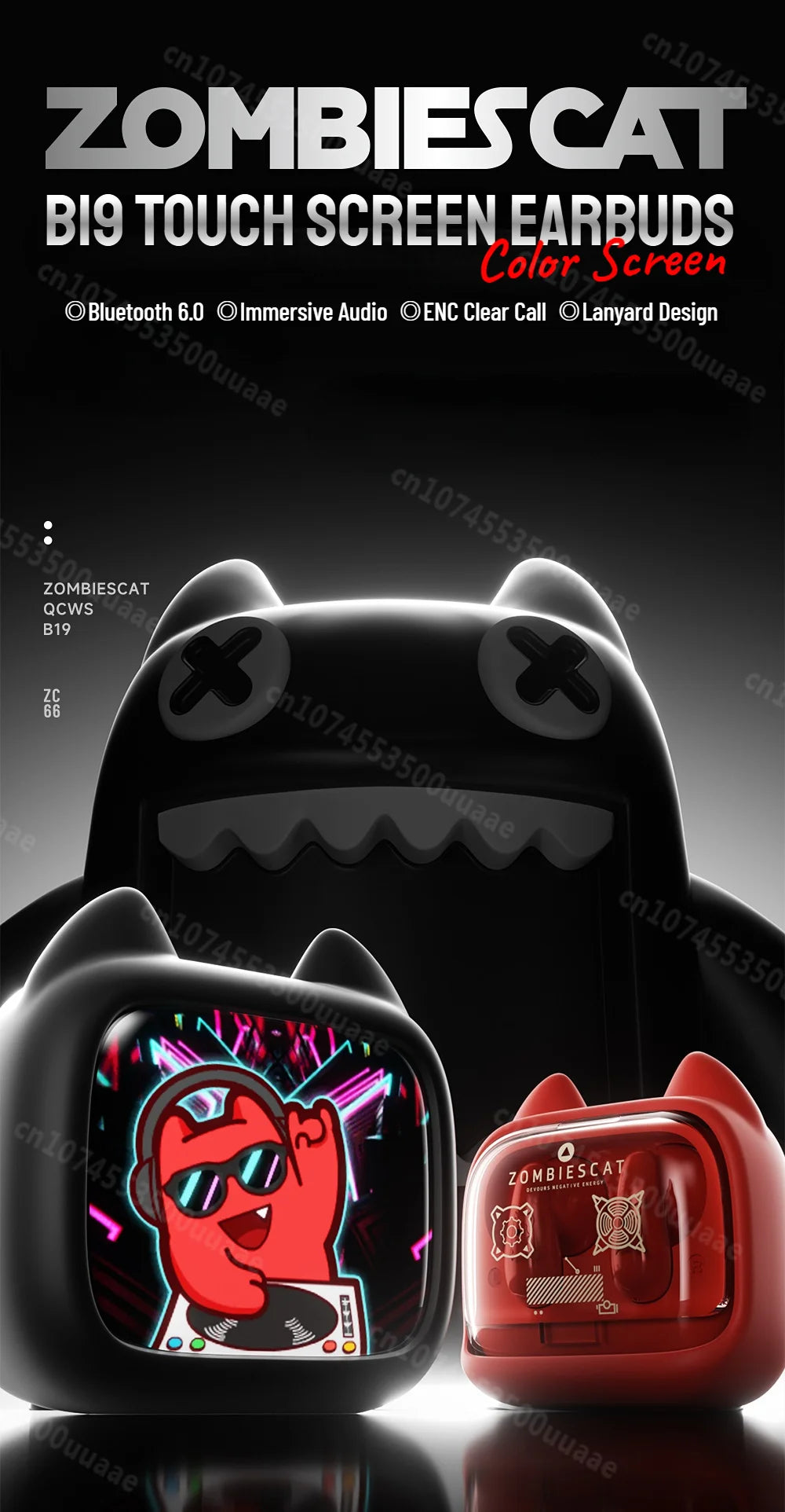 Zombies Cat B19 Smart Touch Screen Earphone HiFi Stereo Bluetooth 6.0 Headphones ENC Call Noise Reduction TWS Wireless Earbuds