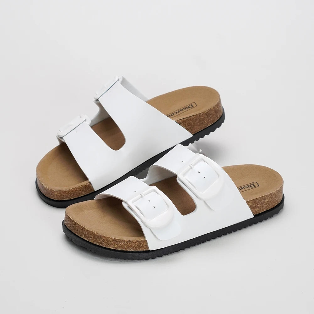 Black and White Double Buckle Sandals, Unisex Adjustable Flat Slippers, Non-Slip Sandals for Both Men and Women