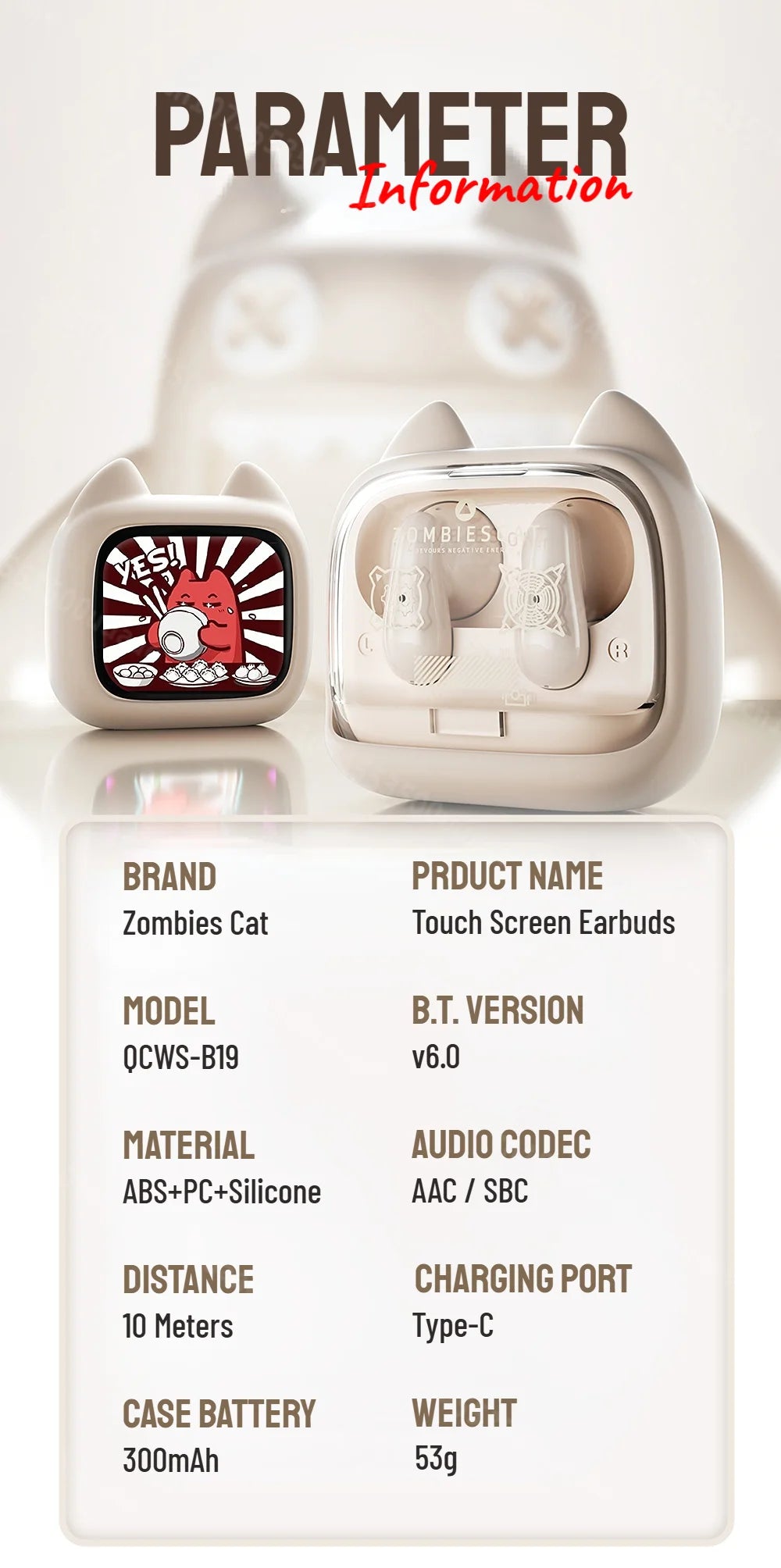 Zombies Cat B19 Smart Touch Screen Earphone HiFi Stereo Bluetooth 6.0 Headphones ENC Call Noise Reduction TWS Wireless Earbuds