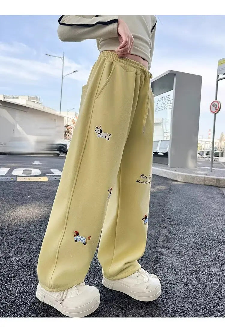 Girl Cotton Warm Trousers American High Street Casual Pants Child Loose Pants Autumn Kids Pink Sweatpants 120-170 New 2025