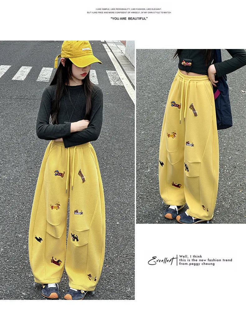 Girls' sweatpants Spring  Autumn 2026 New Children Dachshund embroidered curved knife pants Stylish girls casual sportspants