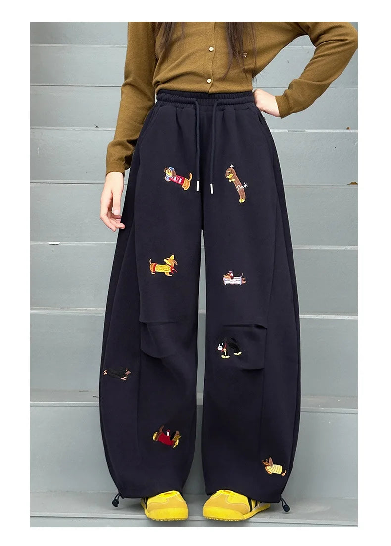Girls' sweatpants Spring  Autumn 2026 New Children Dachshund embroidered curved knife pants Stylish girls casual sportspants