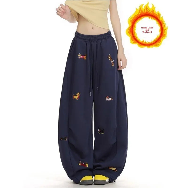 American Trendy Hip Hop Sausage Dog Embroidery Casual Pants Women Loose Slimming Versatile Street Drape Wide Leg Pants Sweatp...