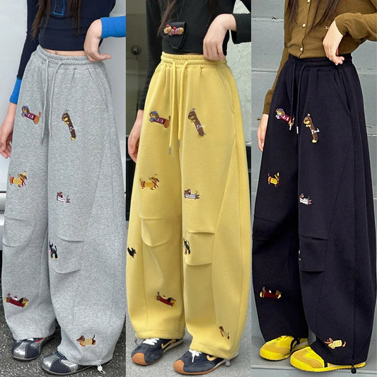 Girls' sweatpants Spring  Autumn 2026 New Children Dachshund embroidered curved knife pants Stylish girls casual sportspants