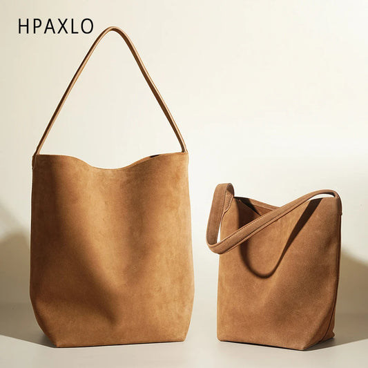 Matte Cowhide Leather Vintage Bucket Bag Large Capacity Tote Shoulder Bag For Women Commuter Elegant Textured Suede Purse Women'