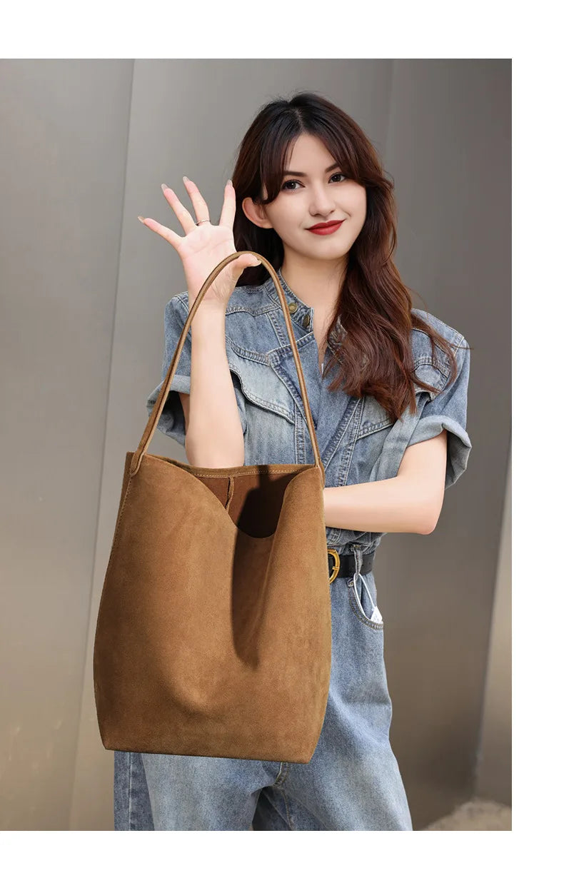 Matte Cowhide Leather Vintage Bucket Bag Large Capacity Tote Shoulder Bag For Women Commuter Elegant Textured Suede Purse Women'