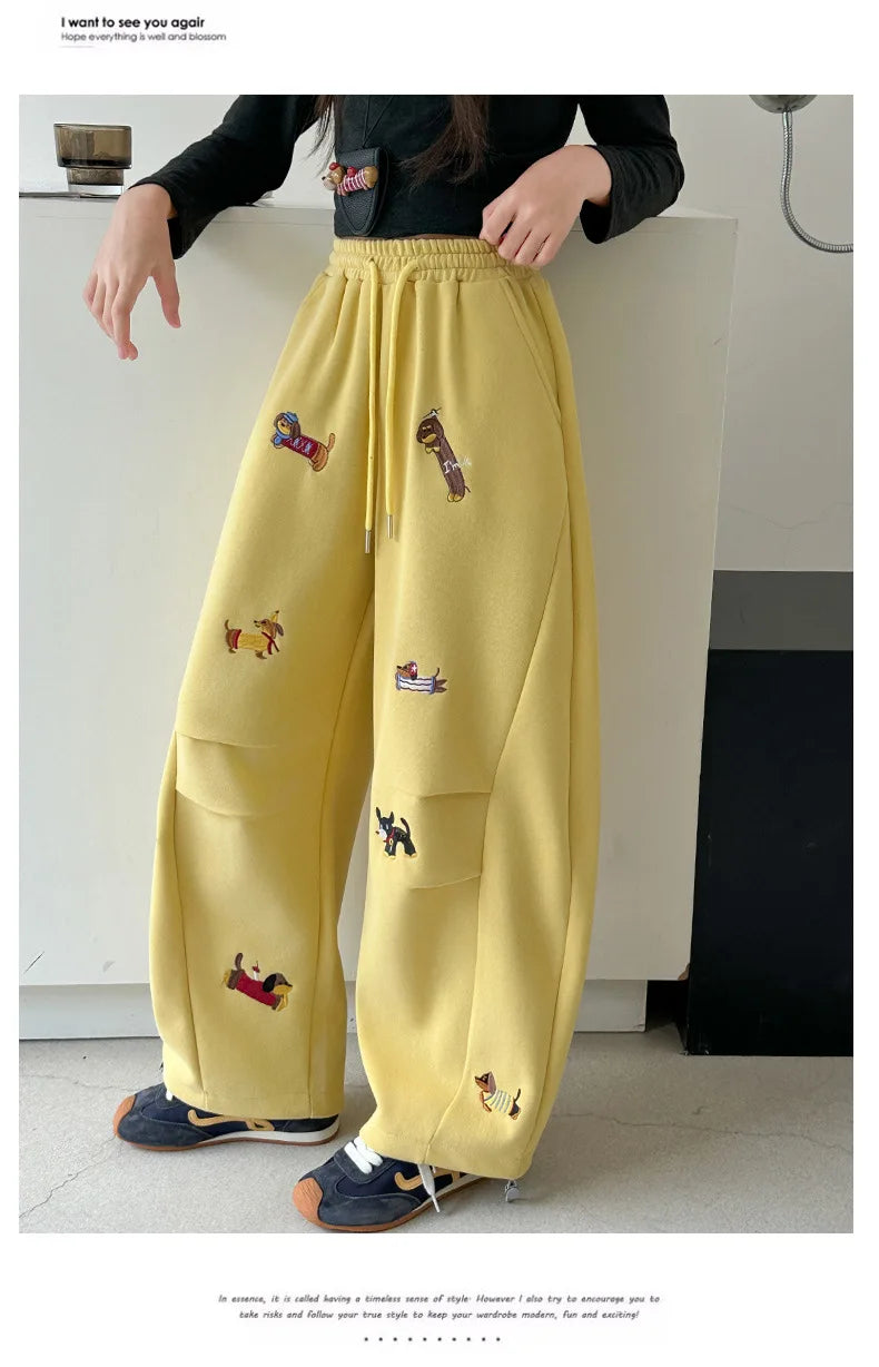 Girls' sweatpants Spring  Autumn 2026 New Children Dachshund embroidered curved knife pants Stylish girls casual sportspants