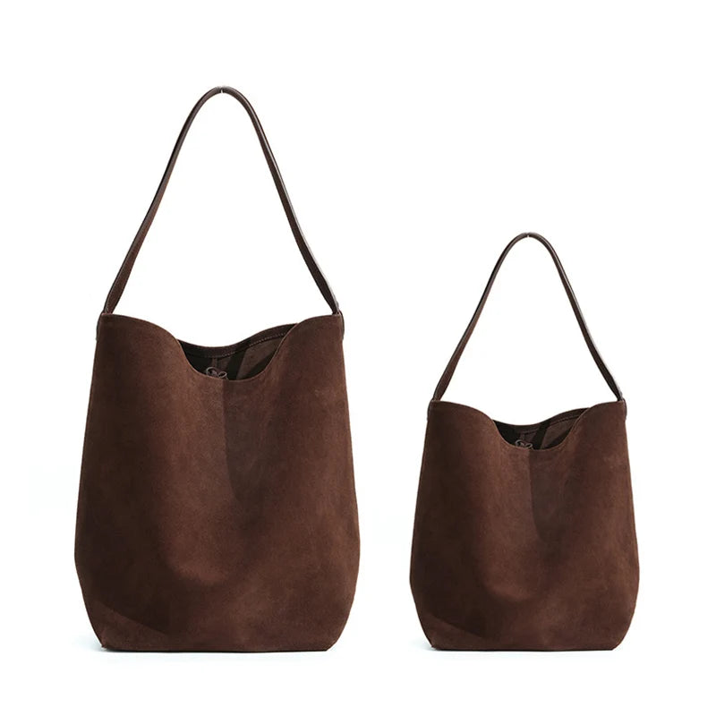 Matte Cowhide Leather Vintage Bucket Bag Large Capacity Tote Shoulder Bag For Women Commuter Elegant Textured Suede Purse Women'