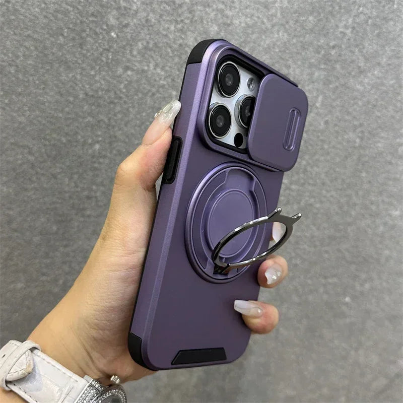 Luxury Heavy-Duty Rugged Armor Magnetic Bracket Case For iPhone 16 14 13 12 11 15 Pro Max Plus Slide Camera Protection PC Cover