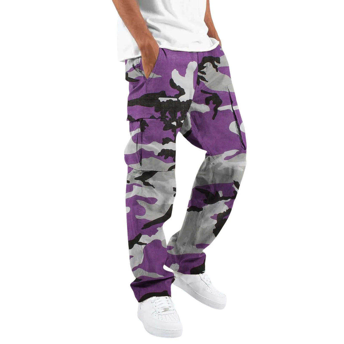 Men Camo Cargo Pants Multiple Colors Solid Drawstring Waist Loose Straight Multi Pocket Casual Streetwear Work Long Trousers
