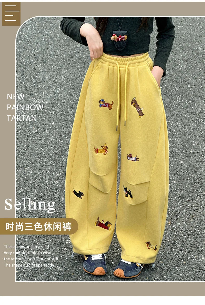 Girls' sweatpants Spring  Autumn 2026 New Children Dachshund embroidered curved knife pants Stylish girls casual sportspants