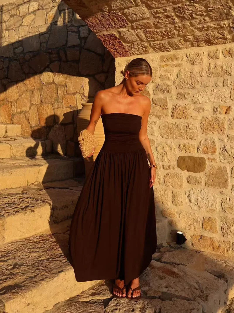 ETJ 2025  women's new dress elegant sexy off-shoulder fashion pleats details slimming strapless dress