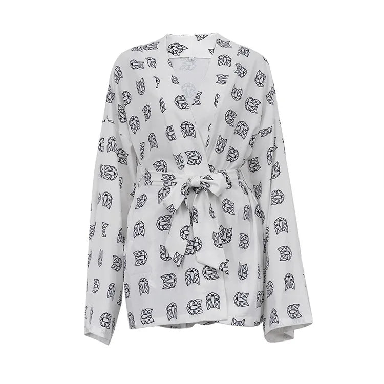 Shorts Set Homewear Fashion Loose Print 2 Piece Sets Womens Outfits Casual Lace Up Long Sleeve Robes With High Waist Pajama 2023
