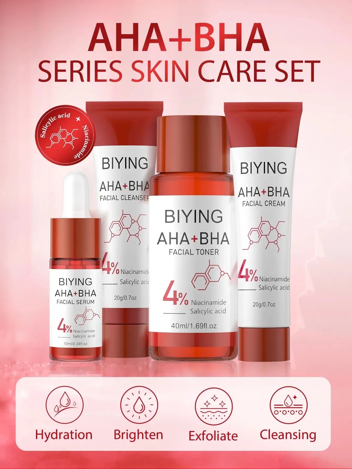 AHA+BHA Series Skin Facial Cleanser Cream Serum Toner Moisturiser Hydrating Toner Serum Cream Foam Facial Skin Care Set