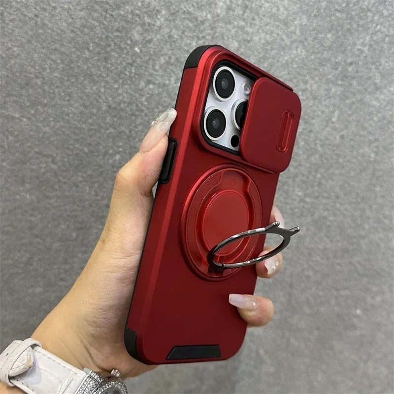 Luxury Heavy-Duty Rugged Armor Magnetic Bracket Case For iPhone 16 14 13 12 11 15 Pro Max Plus Slide Camera Protection PC Cover