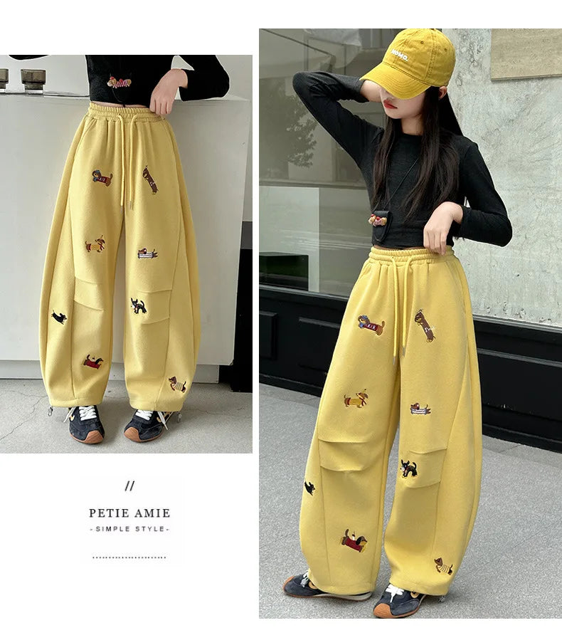 Girls' sweatpants Spring  Autumn 2026 New Children Dachshund embroidered curved knife pants Stylish girls casual sportspants