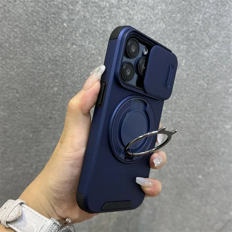 Luxury Heavy-Duty Rugged Armor Magnetic Bracket Case For iPhone 16 14 13 12 11 15 Pro Max Plus Slide Camera Protection PC Cover
