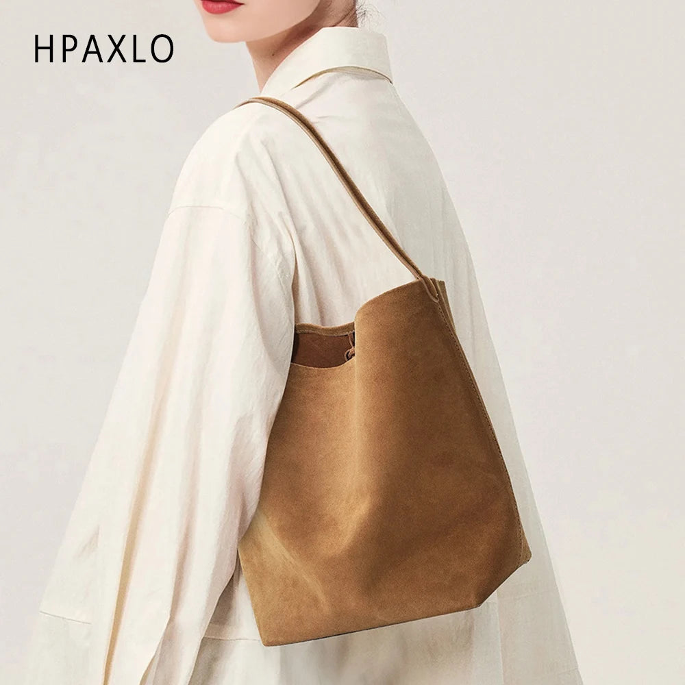 Matte Cowhide Leather Vintage Bucket Bag Large Capacity Tote Shoulder Bag For Women Commuter Elegant Textured Suede Purse Women'