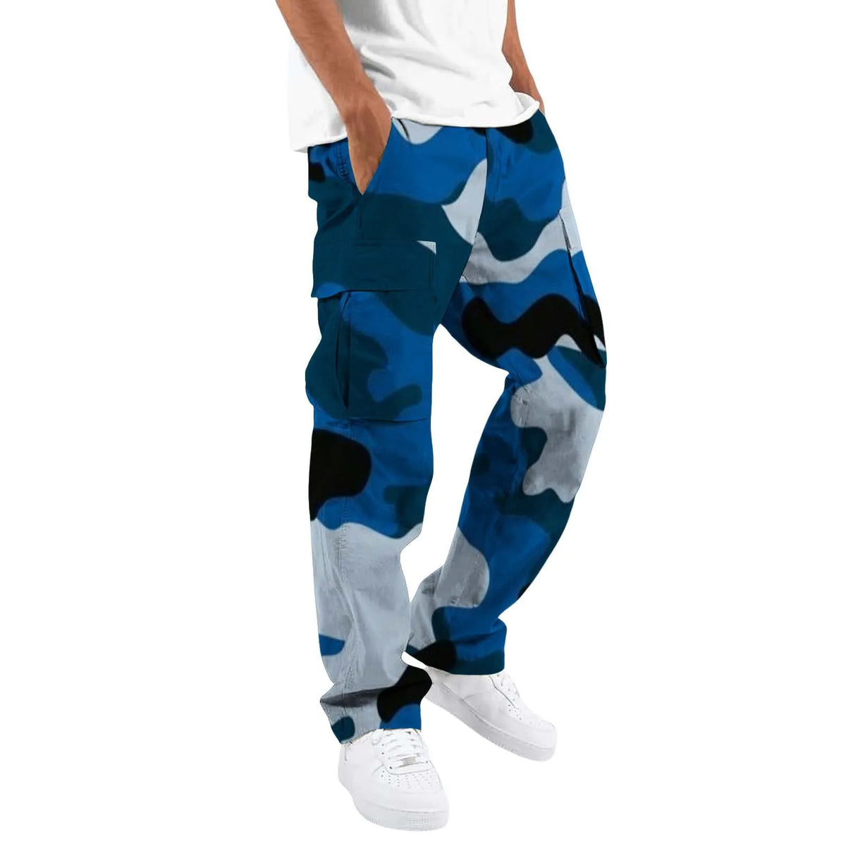 Men Camo Cargo Pants Multiple Colors Solid Drawstring Waist Loose Straight Multi Pocket Casual Streetwear Work Long Trousers