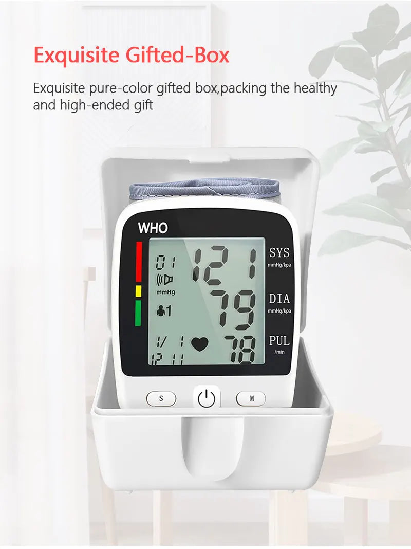 Digital Blood Pressure Monitor Wrist Tensiometer Electronic Sphygmomanometer  Tonometer with LCD, 2 X 90 Memory Rechargeable