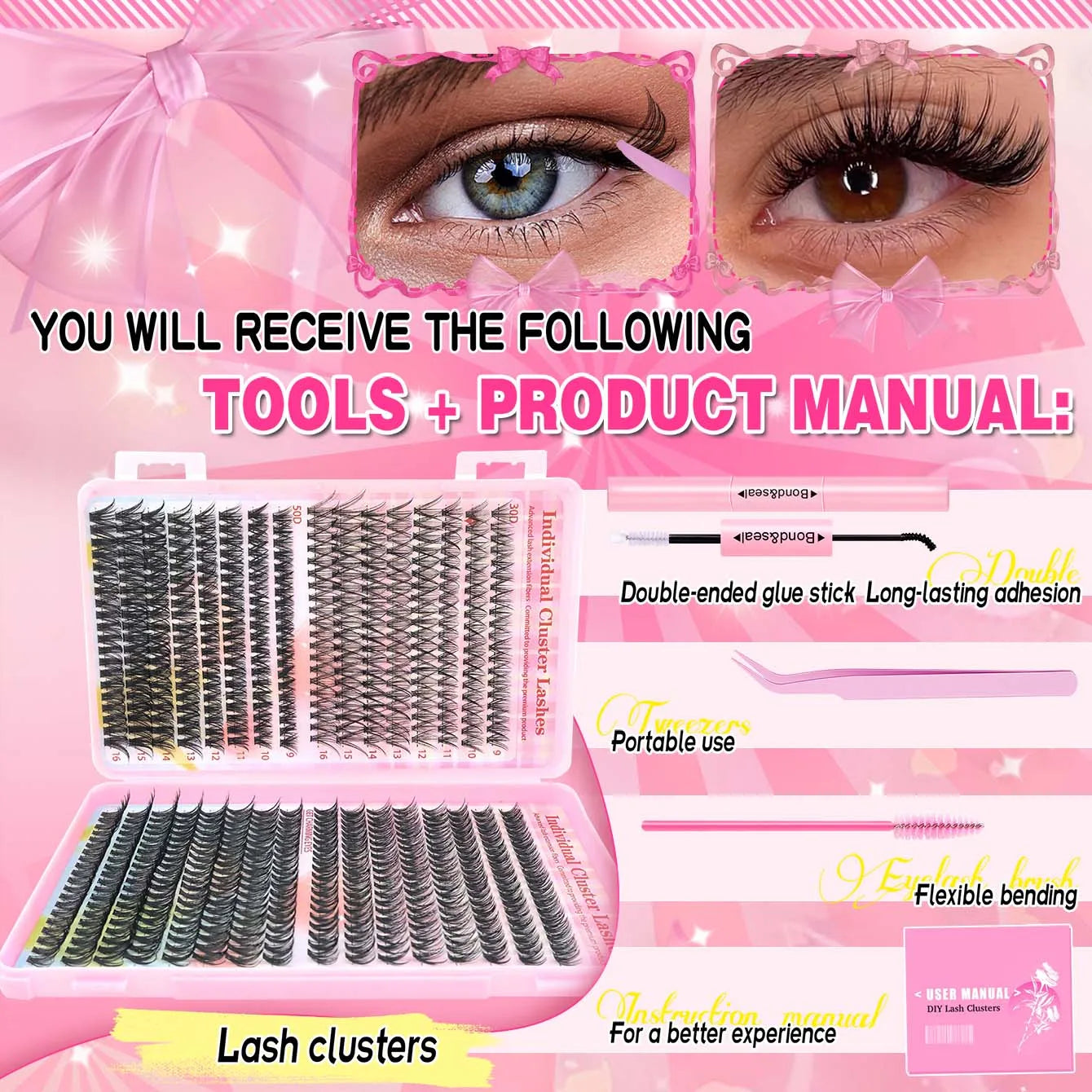 800PCS 30406080D Clusters Lashes Extension Kit, Length 9-16mm Natural Eyelashes,Cat eye,Bond and Seal,Tweezers,Brush,DIY At Home