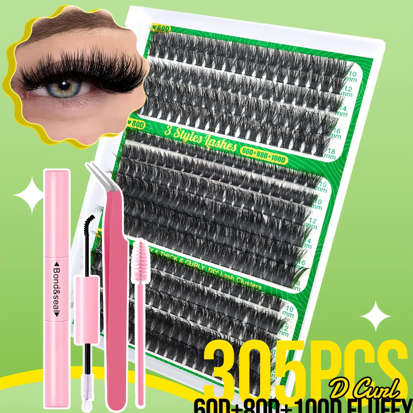 800PCS 30406080D Clusters Lashes Extension Kit, Length 9-16mm Natural Eyelashes,Cat eye,Bond and Seal,Tweezers,Brush,DIY At Home