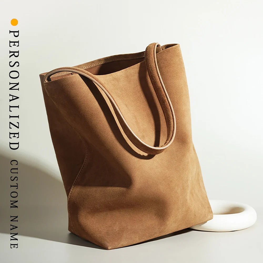 Matte Cowhide Leather Vintage Bucket Bag Large Capacity Tote Shoulder Bag For Women Commuter Elegant Textured Suede Purse Women'