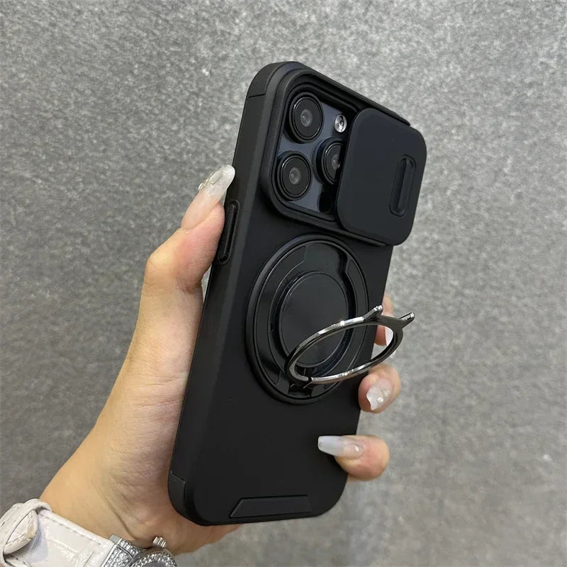 Luxury Heavy-Duty Rugged Armor Magnetic Bracket Case For iPhone 16 14 13 12 11 15 Pro Max Plus Slide Camera Protection PC Cover