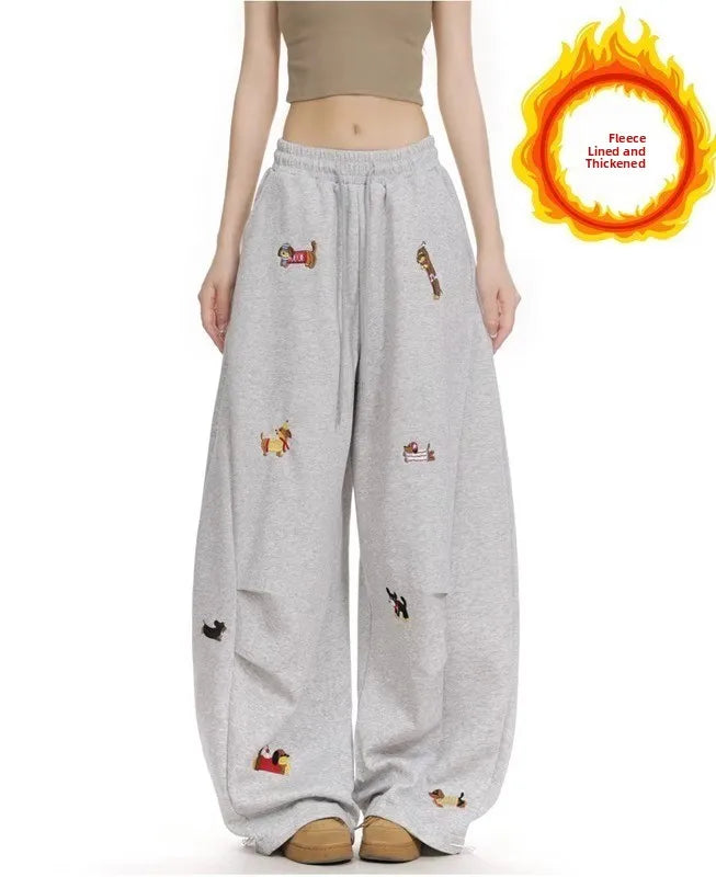 American Trendy Hip Hop Sausage Dog Embroidery Casual Pants Women Loose Slimming Versatile Street Drape Wide Leg Pants Sweatp...