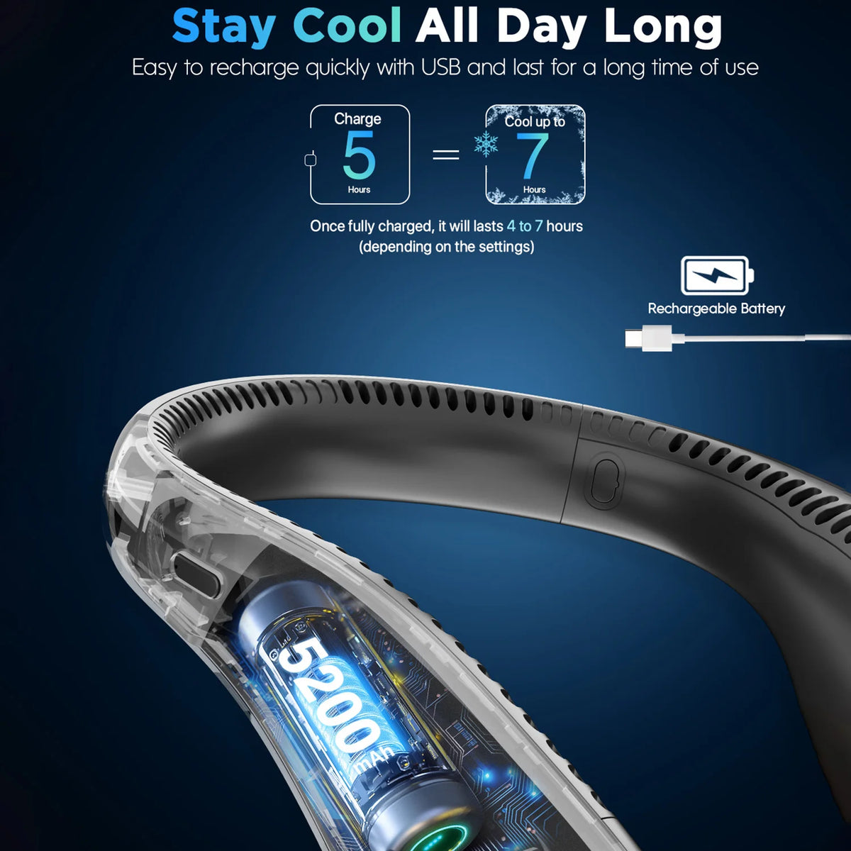 Portable Neck Fan, Rechargeable Bladeless Wearable Fan with 4 Speeds, 66 Vents, Lightweight Personal Fan for Work, Cooking, Travel, Camping, Gym