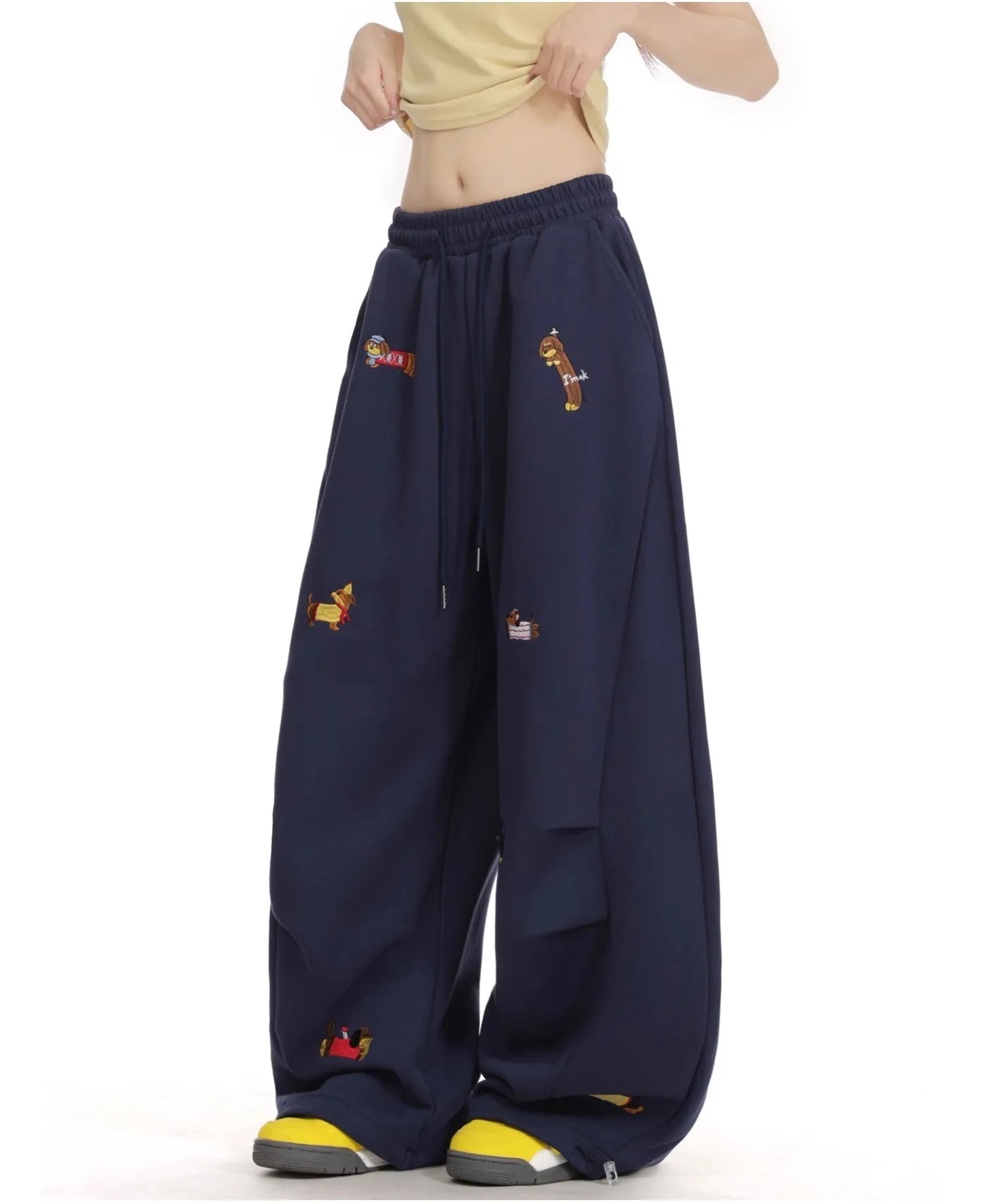American Trendy Hip Hop Sausage Dog Embroidery Casual Pants Women Loose Slimming Versatile Street Drape Wide Leg Pants Sweatp...