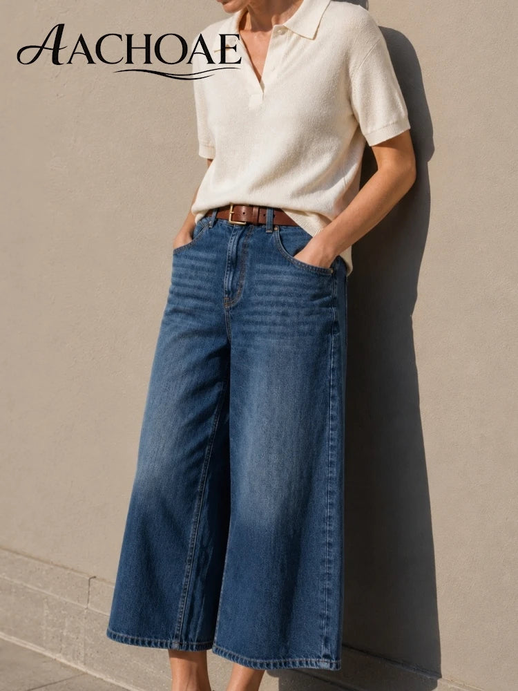 Women Wide Leg Cotton Denim Culottes High Waist Cropped Jeans Loose Casual Blue Jean Pants Vintage Wide Leg Capri Denim Trousers