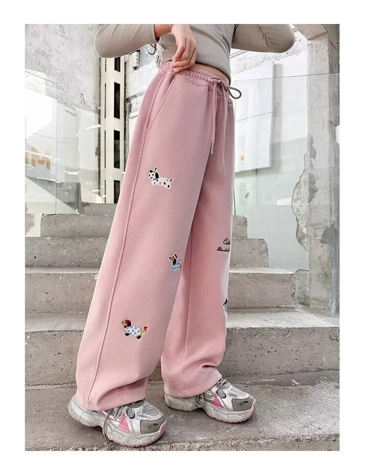 Girl Cotton Warm Trousers American High Street Casual Pants Child Loose Pants Autumn Kids Pink Sweatpants 120-170 New 2025