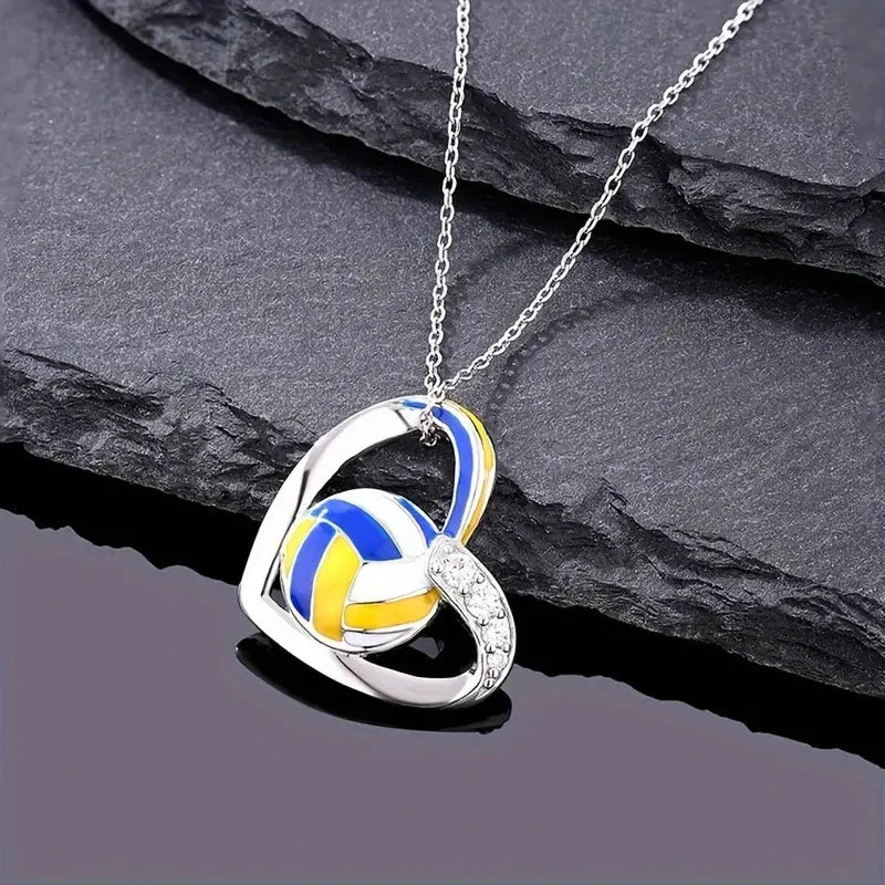 Huitan Trendy Volleyball Heart Pendant Necklace Delicate Accessories with Shiny Zirconia Fashion Female Daily Party Jewelry