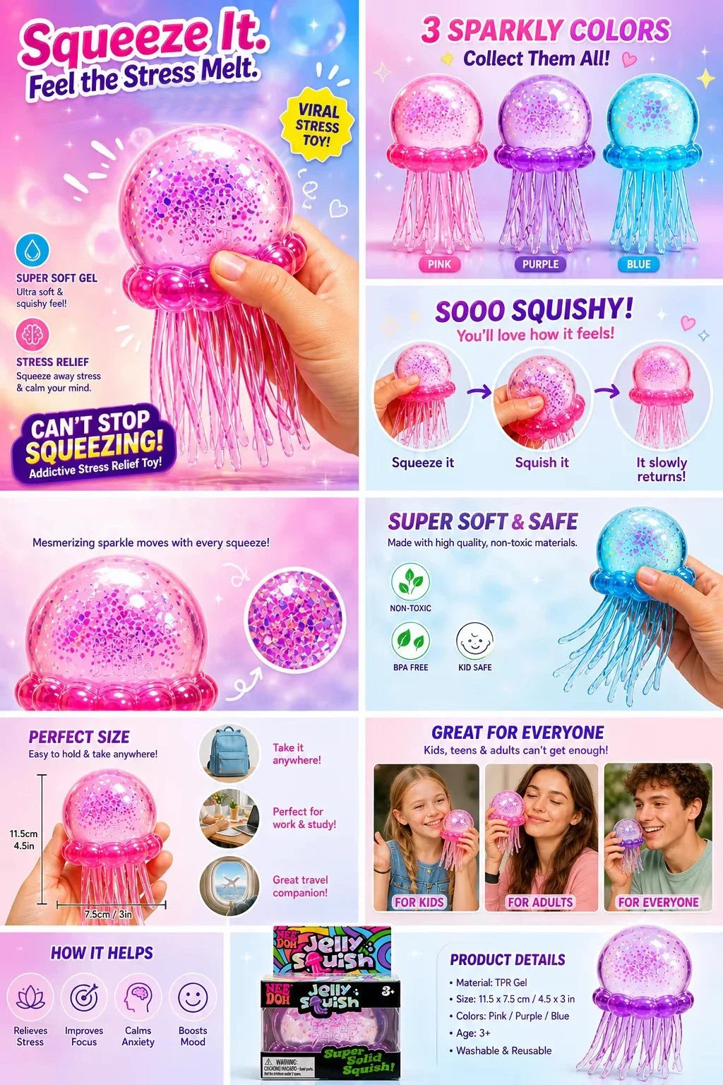 Needoh Jellyfish Squishy Lovely Shape Squeeze Sensory Toy Stress Relief Anti Anxiety Focus Calming Toy for ADHD and Autism