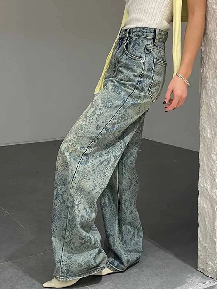 BKQU American Retro Snake Pattern Washed Jeans Y2K Loose High Waist Trousers Fashion Harajuku Street Wide Leg Denim Pants 2025