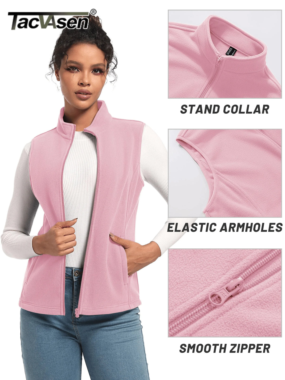 TACVASEN Fleese Sleeveless Vests Womens Fall Winter Thermal Hiking Golf Waistcoats Soft Casual Outerwear Zip Jackets 4 Pockets