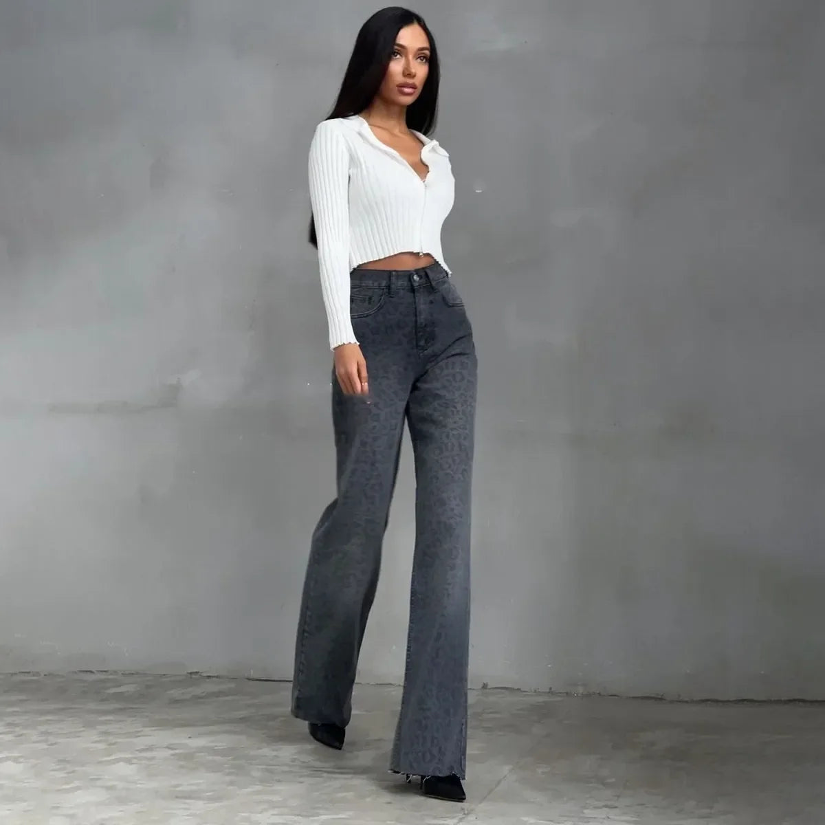 Womens High Waisted Leopard Print Jeans Vintage Washed Wide Leg Baggy Pants Y2K Streetwear Loose Casual Trousers for Women