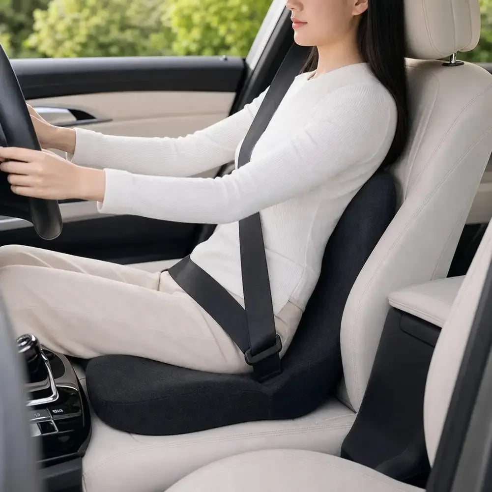Ergonomic Memory Foam Lumbar Support Set – Integrated Backrest & Seat Cushion Combo, Relieves Back Pain for Office Workers, Students & Drivers, Removable Washable Anti-Dust Mite Cover
