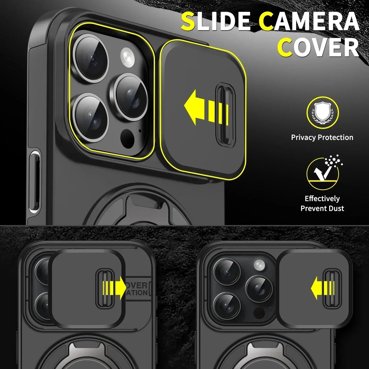 Luxury Heavy-Duty Rugged Armor Magnetic Bracket Case For iPhone 16 14 13 12 11 15 Pro Max Plus Slide Camera Protection PC Cover