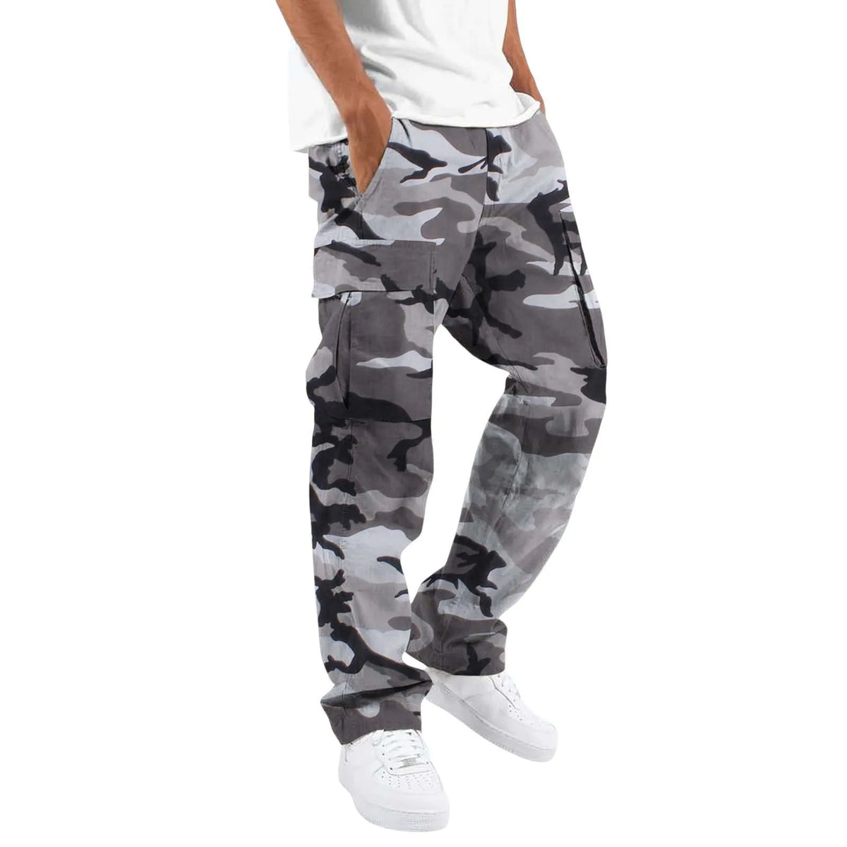 Men Camo Cargo Pants Multiple Colors Solid Drawstring Waist Loose Straight Multi Pocket Casual Streetwear Work Long Trousers