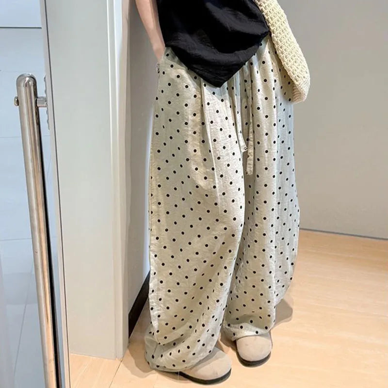 Women's Breathable Linen Polka Dot Banana Pants   Summer Casual Trousers   Elastic Waist Drawstring Wide-Leg Pants