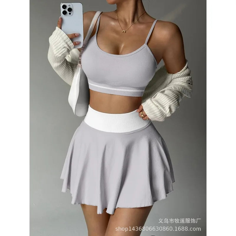 Fitness Yoga Set Women Tracksuit Gym Clothes Sports Bra 2 Piece Workout Sets Outfit Short Skirt Quick Drying Sportswear