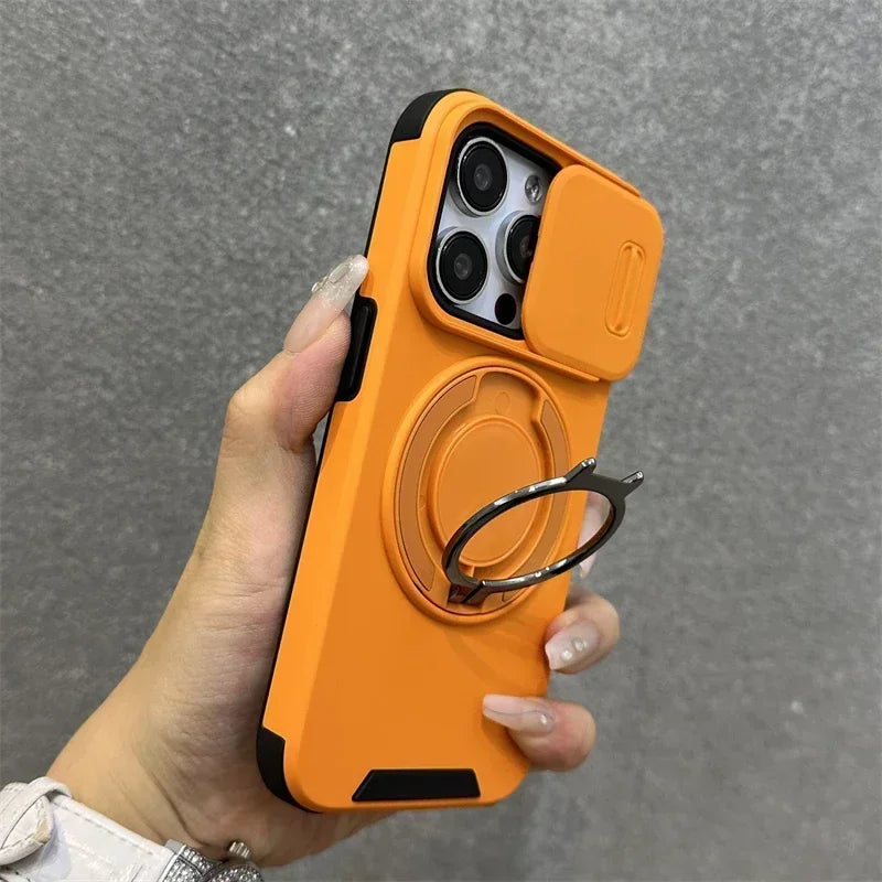 Luxury Heavy-Duty Rugged Armor Magnetic Bracket Case For iPhone 16 14 13 12 11 15 Pro Max Plus Slide Camera Protection PC Cover