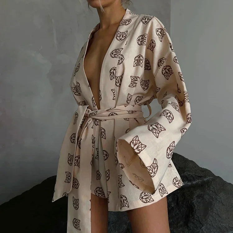Shorts Set Homewear Fashion Loose Print 2 Piece Sets Womens Outfits Casual Lace Up Long Sleeve Robes With High Waist Pajama 2023